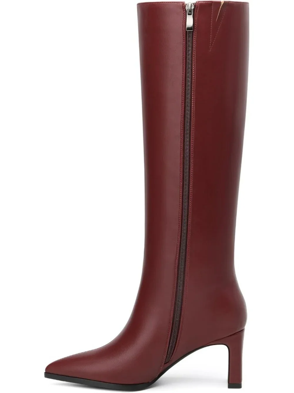 Women's Burgundy Pointed Toe Side Zipper Chunky Block High Heel Knee High Boots
